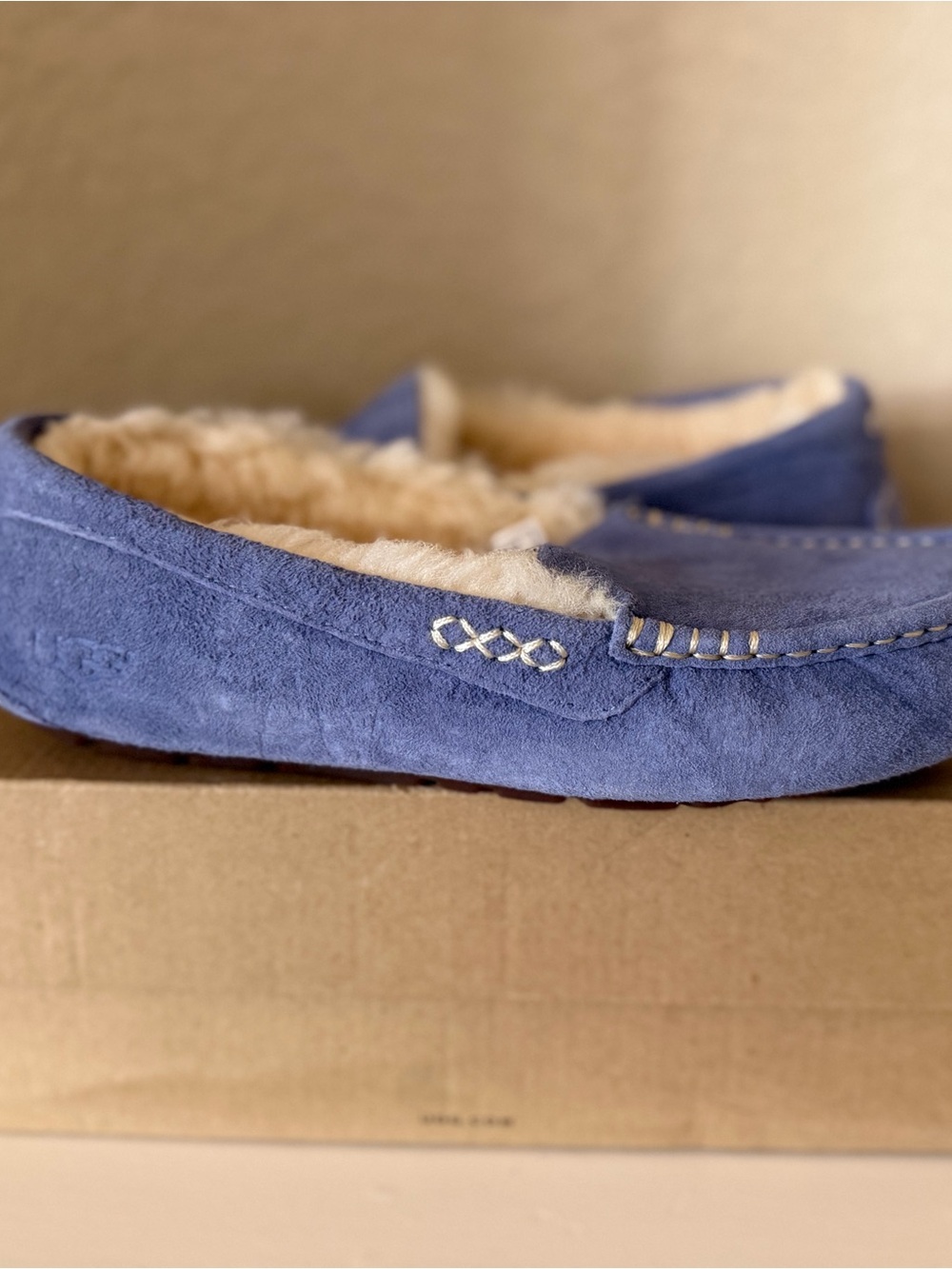 UGG Women's Flora Perf Navy Suede Shearling Moccasins - Picture 3 of 6